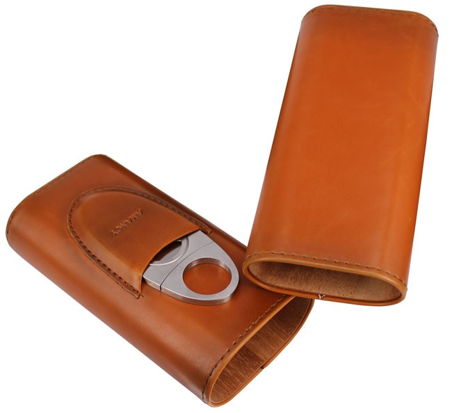 AMANCY Top Quality 3- Finger Brown Leather Cigar Case