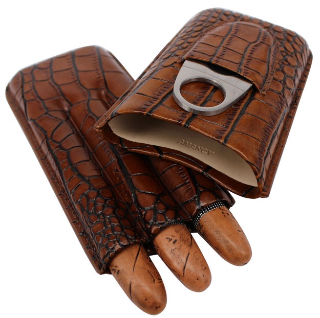 AMANCY Classy Brown Crocodile Pattern Leather Cigar Tube Case with Cutter Gift Set