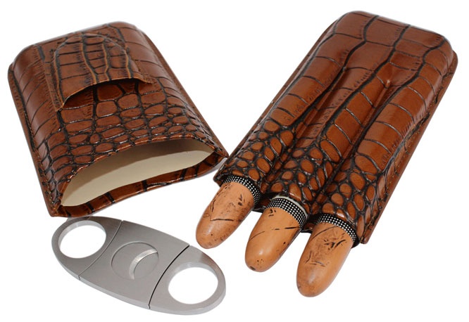 AMANCY Classy Brown Crocodile Pattern Leather Cigar Tube Case with Cutter Gift Set