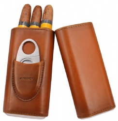 AMANCY Top Quality 3- Finger Brown Leather Cigar Case