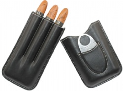 AMANCY® 3 Holders Leather Cigar Case with Silver Stainless Steel Cutter