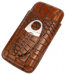 AMANCY Classy Brown Crocodile Pattern Leather Cigar Tube Case with Cutter Gift Set