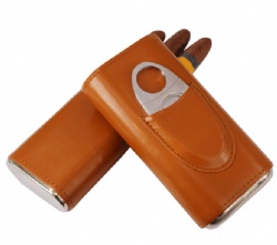 AMANCY Quality 3- Fingers Orange Leather Crushproof Cigar Holder Case with Cedar Wood Lined