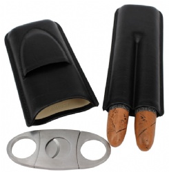 AMANCY Decent Pocket- Fitable Adjustable 2 Tubes Genuine Leather Black Cigar Case with Cutter