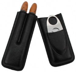 AMANCY Decent Pocket- Fitable Adjustable 2 Tubes Genuine Leather Black Cigar Case with Cutter